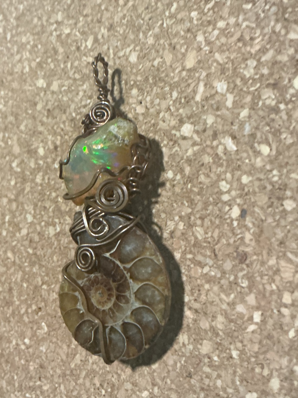 Handcrafted Opal and Ammonite Pendant Necklace - Green Opalescent
